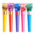 Colorful Party Blowers in a Row on White Background for Celebration Royalty Free Stock Photo