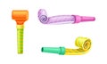 Colorful party blowers set. Happy party, holiday celebration symbol cartoon vector illustration