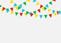 Colorful party garlands triangle flags hanging on white background with copy space, vector element, template illustration for Royalty Free Stock Photo