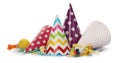 Colorful party hats, blowers and confetti streamers on white background Royalty Free Stock Photo