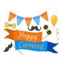 Colorful Party items on a white background. Celebration Event Happy Birthday. Inscription Carnival . Multicolored. Vector Royalty Free Stock Photo