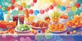 Colorful Party Table with Snacks, Drinks, and Decorations Royalty Free Stock Photo