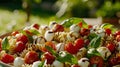 A colorful pasta salad mixed with halved cherry tomatoes, fresh basil, and mozzarella balls, drizzled with balsamic Royalty Free Stock Photo