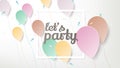 Colorful pastel balloons with confetti and white rectangle frame on light grey background, paper art/paper cutting style Royalty Free Stock Photo