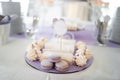 Colorful pastel cake macaron or macaroon on plate. Plate with sweet cakes on pink table. Sweets for the wedding wedding