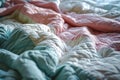 Colorful pastel colored quilted blanket on a bed. Generative AI