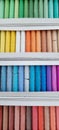 Colorful pastel, crayon, chalk. Artist`s stuff. Top view.