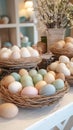 Colorful pastel eggs in woven baskets on white table with spring decor Royalty Free Stock Photo