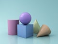 Colorful Pastel Geometry 3D Graphic Shapes Cube Pyramid Cone Cylinder Sphere isolated on blue green pastel color background Royalty Free Stock Photo