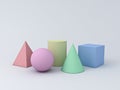 Colorful Pastel Geometry 3D Graphic Shapes Cube Pyramid Cone Cylinder Sphere isolated on white background Royalty Free Stock Photo