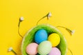 Colorful pastel painted Easter eggs in basket with green grass, white flowers lilies of the valley isolated on yellow Royalty Free Stock Photo