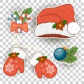 Colorful patch badges of different Merry Christmas attributes. Set of Happy New Year stickers, pins, magnets in cartoon Royalty Free Stock Photo