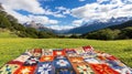 Colorful patchwork blanket on grassy field with scenic mountain view Royalty Free Stock Photo