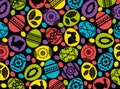 Colorful pattern with color easter eggs, flowers, leafs and rabbits over black background. Easter design. Can be used for fabric, Royalty Free Stock Photo