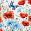 colorful pattern, cornflowers, poppies, butterfly