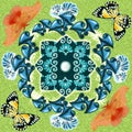 Colorful pattern decorative butterfly and abstract leaves on green background Royalty Free Stock Photo