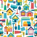 Colorful pattern featuring homes and cleaning tools Royalty Free Stock Photo