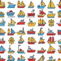 A colorful pattern featuring various stylized boat and ship illustrations. Designs Royalty Free Stock Photo