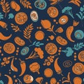 Colorful pattern featuring various vegetables and leaves. Orange and blue tones Royalty Free Stock Photo