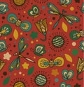 Colorful pattern with flowers, dragonflies and butterflies. Ornate fabric seamless texture. Doodle gorgeous background Royalty Free Stock Photo