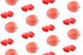 Colorful pattern of lychees and hearts on a white background. the pattern of litchi. the view from the top