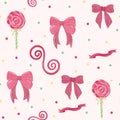 Colorful Pattern of Pink Bows and Lollipops With Polka Dots on White Background