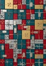 Colorful pattern of rectangular gift boxes in a grid arrangement. Boxes are wrapped in red, teal, Royalty Free Stock Photo