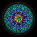 Colorful pattern in style of Gothic stained glass window with round frame. Abstract floral ornament