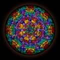 Colorful pattern in style of Gothic stained glass window with round frame. Abstract floral ornament