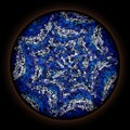 Colorful pattern in style of Gothic stained glass window with round frame. Blue and white Spiral Pattern