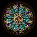 Colorful pattern in style of Gothic stained glass window with round frame. Multicolored floral ornament Royalty Free Stock Photo