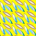 Colorful pattern, surf boards on yellow background