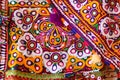 Colorful pattern and texture in cloth,Indian patchwork carpet in Rajasthan, Asia, Unidentified man embroidering cloth in