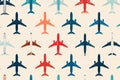 A colorful pattern of various airplane illustrations arranged in a seamless, repeating design on a light background Royalty Free Stock Photo