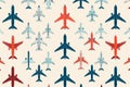 A colorful pattern of various airplane illustrations arranged in a seamless, repeating design on a light background Royalty Free Stock Photo
