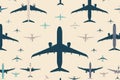 A colorful pattern of various airplane illustrations arranged in a seamless, repeating design on a light background Royalty Free Stock Photo