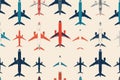 A colorful pattern of various airplane illustrations arranged in a seamless, repeating design on a light background Royalty Free Stock Photo