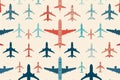 A colorful pattern of various airplane illustrations arranged in a seamless, repeating design on a light background Royalty Free Stock Photo
