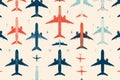 A colorful pattern of various airplane illustrations arranged in a seamless, repeating design on a light background Royalty Free Stock Photo