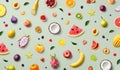 Colorful pattern of various fresh whole and sliced ripe fruits and berries Royalty Free Stock Photo