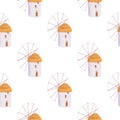 Colorful pattern with watermills and windmills on white background. Backdrop with old European wind and water mills