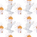 Colorful pattern with watermills and windmills on white background. Backdrop with old European wind and water mills. illustration