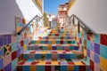 colorful patterned tiles on a courtyard staircase
