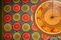 Colorful patterns of the old paintings, flowers and decor on wooden ceiling of Buddha ancient temple.