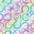 Colorful patterns with rainbow line waves and circles with multicolored dots