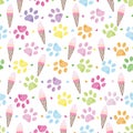 Colorful paw prints and ice creams seamless fabric design paw prints pattern