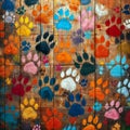 Colorful paw prints painted on wooden boards