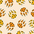 Colorful paws of wild big cat hand drawn vector illustration.Vintage leopard print seamless pattern for fabric.