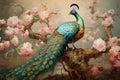 Colorful peacock on branch with 3D floral mural backdrop - Wall art canvas poster, generative Ai Royalty Free Stock Photo