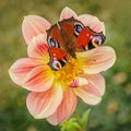 Colorful peacock butterfly sitting on dahlia flower Royalty Free Stock Photo